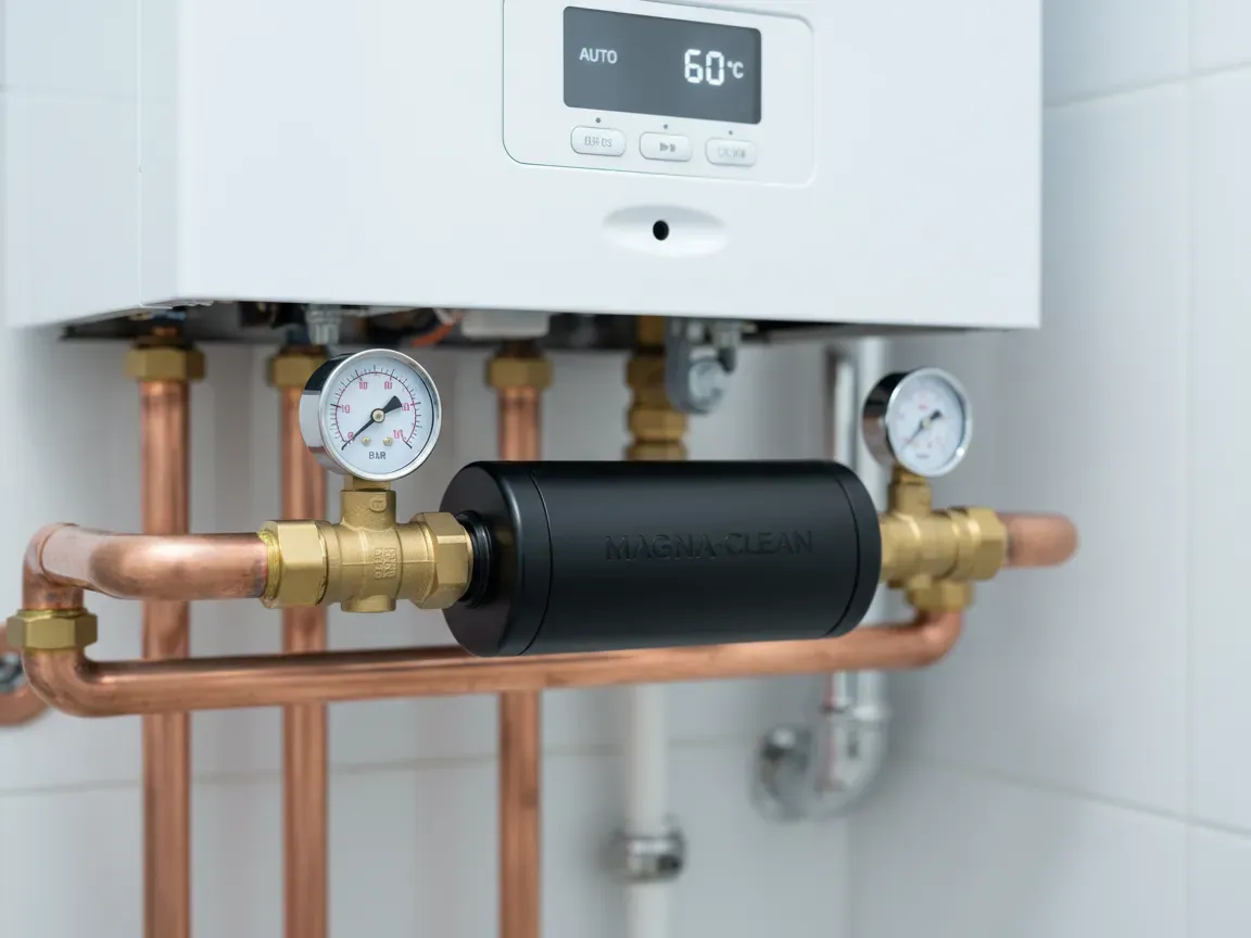 Black inline magnetic boiler filter on copper piping with brass valves in a modern utility room.