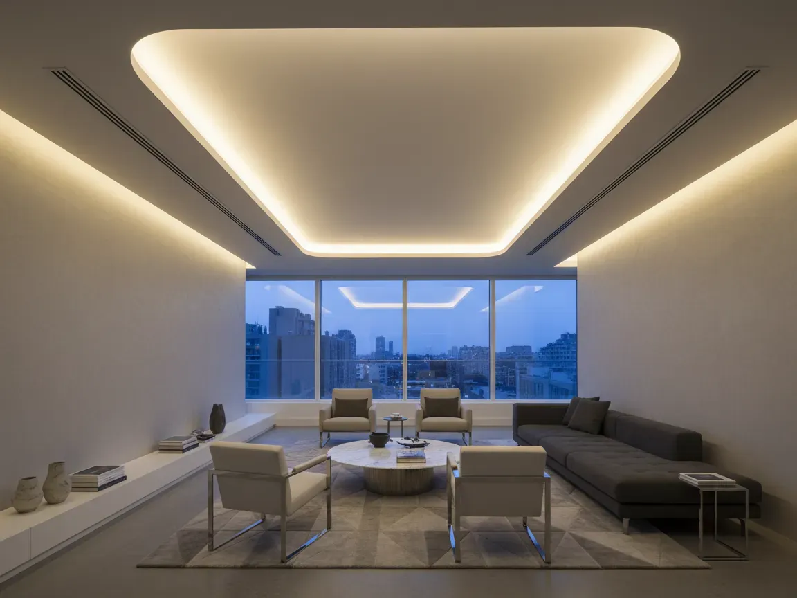 Modern living room interior with warm hidden cove lighting, minimalist textured walls, and elegant furniture at twilight.