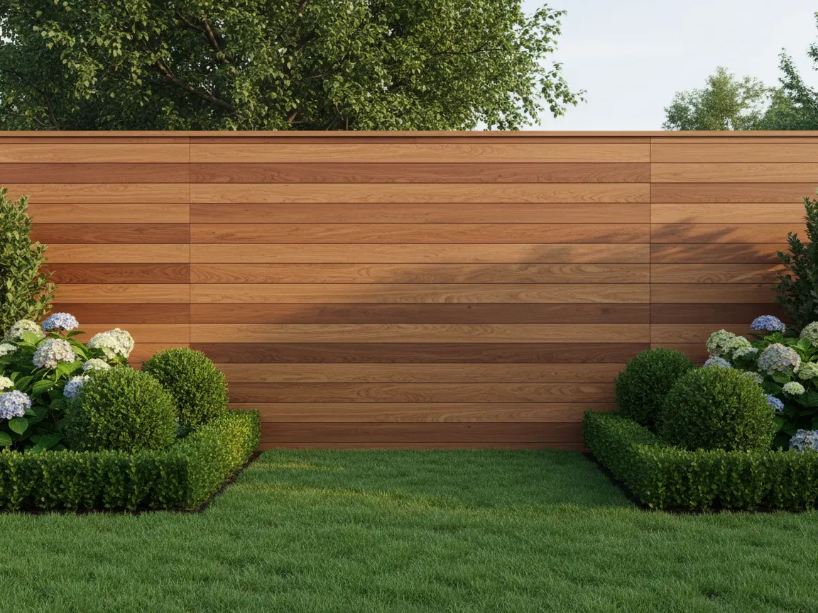 Modern wooden privacy fence with horizontal slats enclosing a lush green lawn and garden shrubs in morning light.